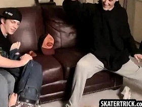Skater hunk gets his ass slapped hard by two studs